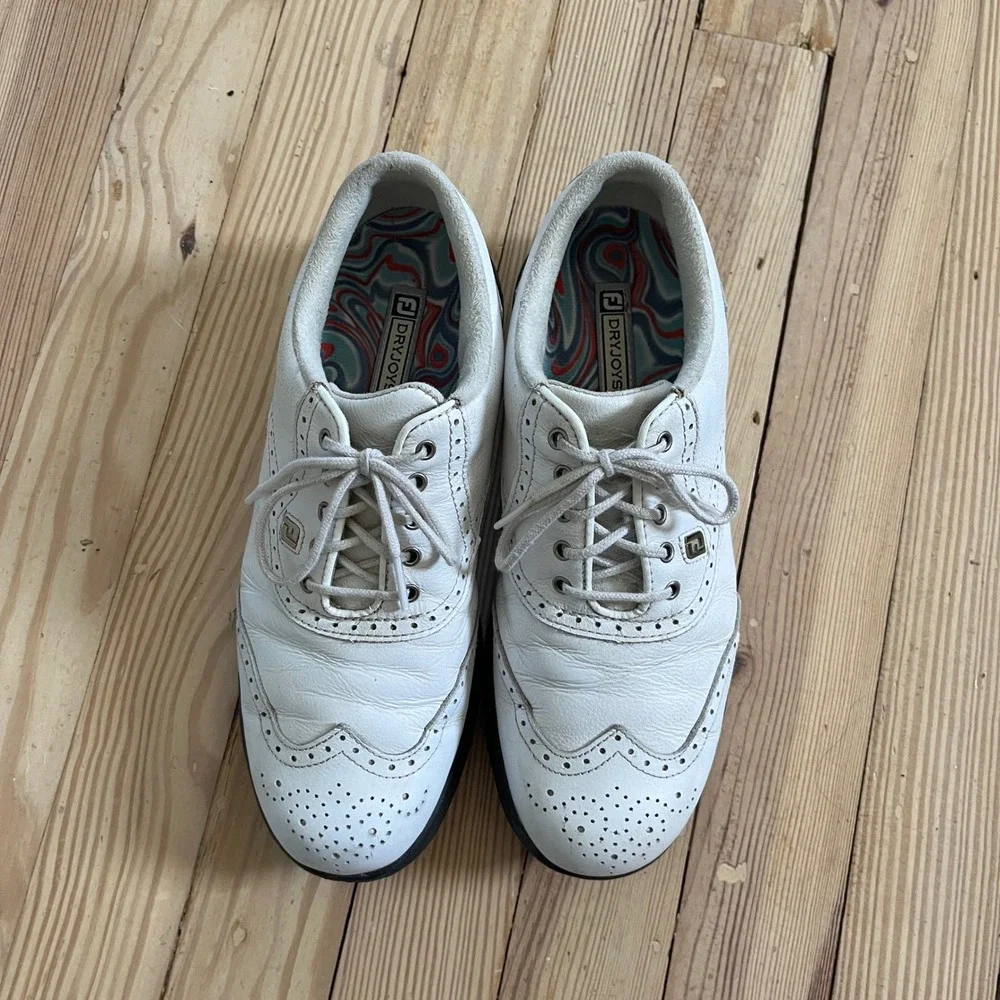 FootJoy DryJoys women 7 White Leather Wingtip Golf Shoes Brogue Cleats RK lowpro